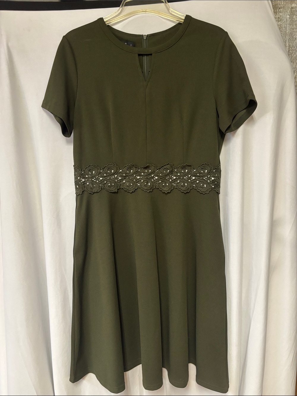 OWIN Olive Green Lace Waist Mini Dress Short Sleeve A-Line